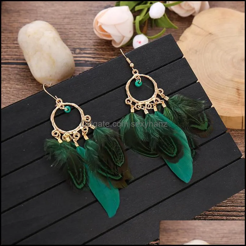 S2569 Bohemian Fashion Jewelry Women`s Feather Tassels Dangle Earrings Retro Female Ornaments Colorful Feather Earrings