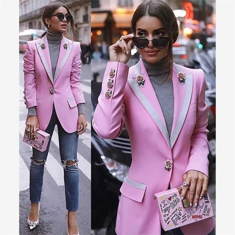 High Street Est Fashion Designer Blazer Women's Long Sleeve Floral Foder Rose Knappar Rosa Ytter Jacka 211122