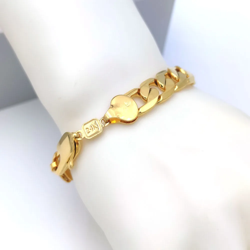 Mens women's Bracelet Curb Cuban Link Chain 12mm 8inch Fine 18ct THAI BAHT G/F Gold Italian 24K Connect Yellow Solid