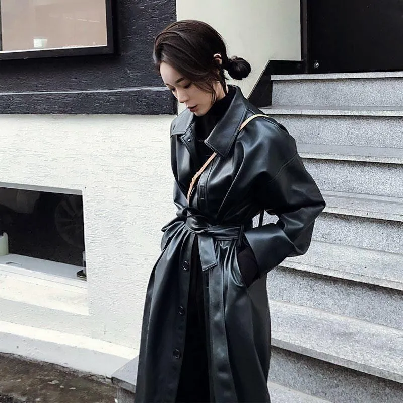 Women's Trench Coats Long Oversized Leather Coat For Women Sleeve Lapel Loose Fit Fall Black Plus Size Clothing Streetwear Raincoat