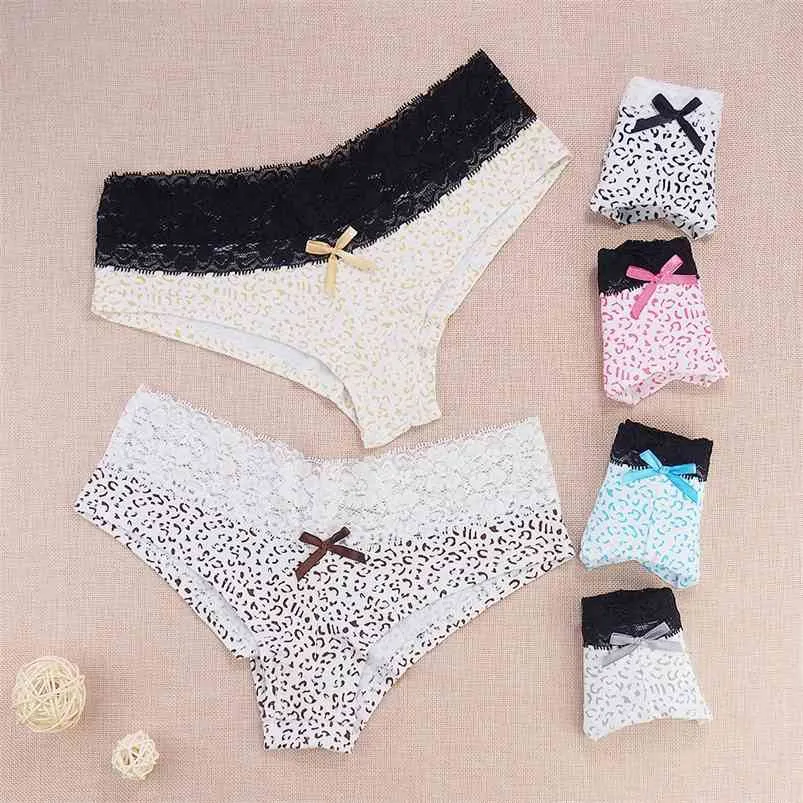 6 stks / partijen katoenen kanten slips pantie luipaard gedrukt panty sexy ondergoed mode onderbroek ademend boog shorts 210730