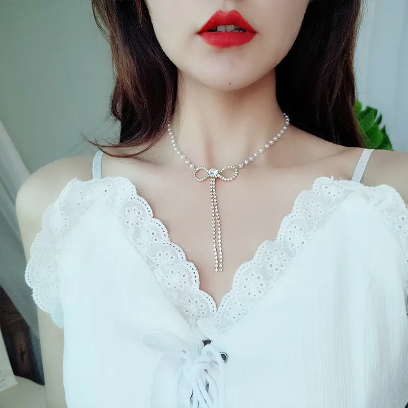 Coreano Cristal Bowknot Colar Mulheres Clavícula Chain Bib Declaração Gargantilha Colar Pingente Moda Princesa Casamento Mulheres Jóias Fada