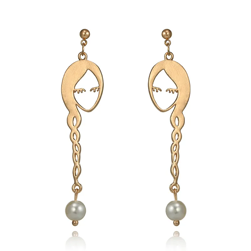 Sweet Geometric Face Dangle Imitation Pearl Earrings Female Fashion Jewelry Metal Hollow Out Gold Drop Earring For Women