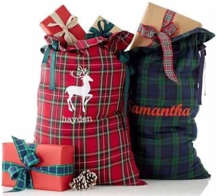 2017 Ny stil Plaid Santa Sack Christmas Santa Sacks för barn godis Presentväska Kanfas Santa Sack Plaid Style X-Mas Presentsäck