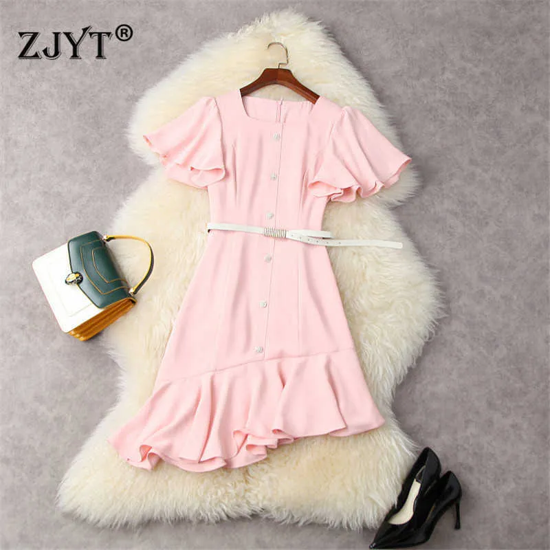 Runway Fashion Women's Summer Butterfly Sleeves Solid Pink Asymmetrical Sweet Party Dress Female Clothing Office Short Vestidos 210601