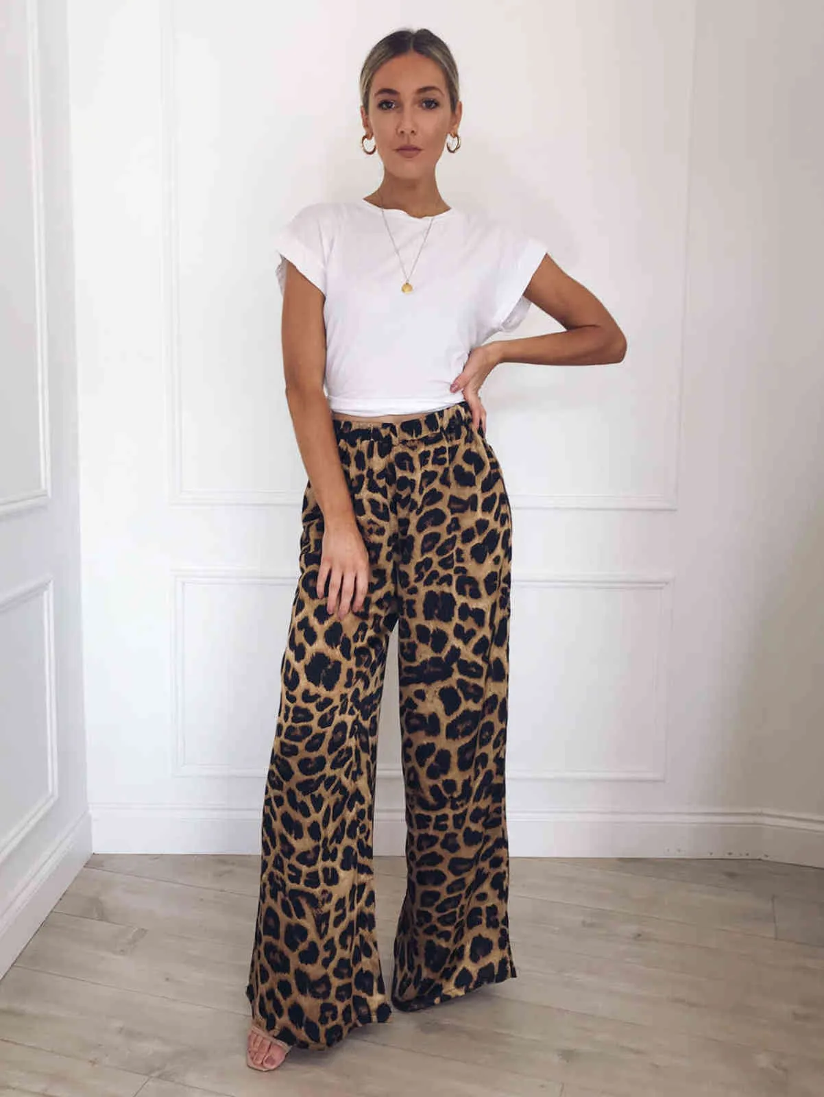 EUA Mulheres Womens Cintura Alta Palazzo Largo Perna Flared Senhoras Solto Calças Calças Elegent Leopard Imprimir Calças de perna de largura Y211115