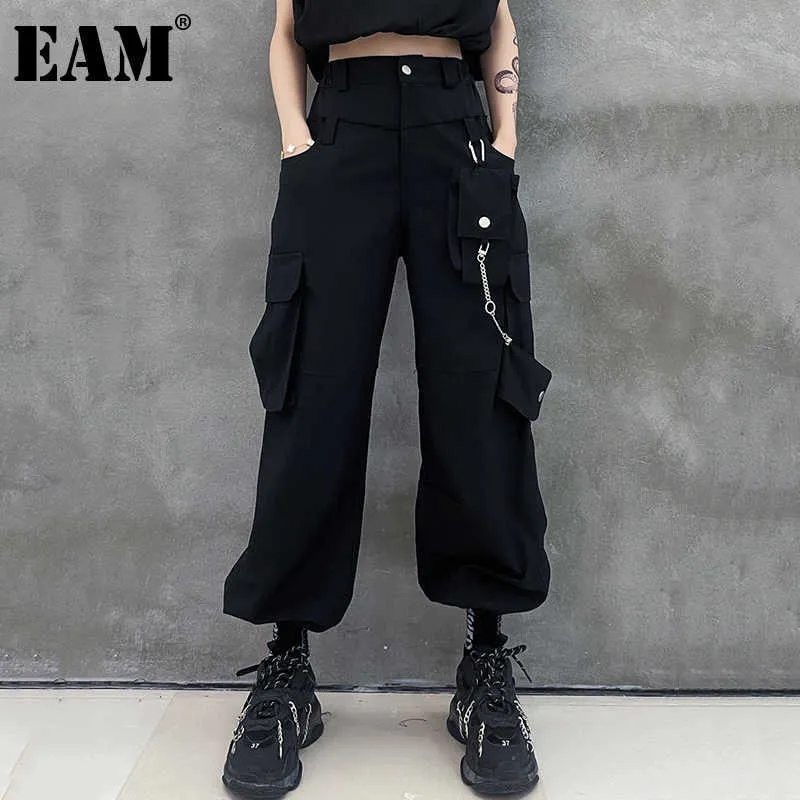 [EAM] taille haute élastique noir chaîne longue jambe large pantalon nouveau pantalon coupe ample femmes mode marée printemps été 2021 1DE0008 Q0801