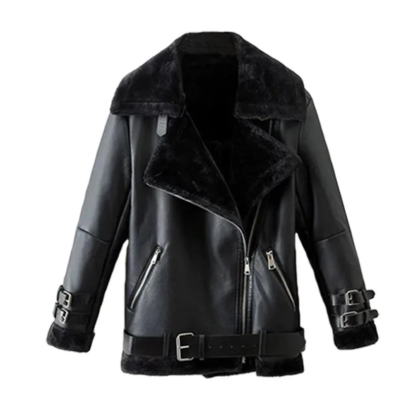 Veste Femme Cuir Faux Hiver Femme Grande Taille Veste Peau de Mouton Shearling Manteau Fourrure d'Agneau Bomber Noir