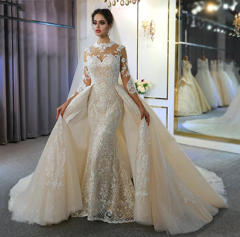 럭셔리 샴페인 인어 웨딩 드레스 탈착식 기차 높은 목 레이스 아플리케 환상 신부 드레스 Vestido de Noiva Robe de Mariee 2022