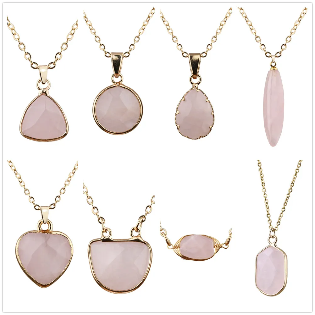 8Styles Pendentif Pierre Naturelle Rose Rose Quartz Coeur Rond Bullet Forme Collier Pour Femmes Bijoux