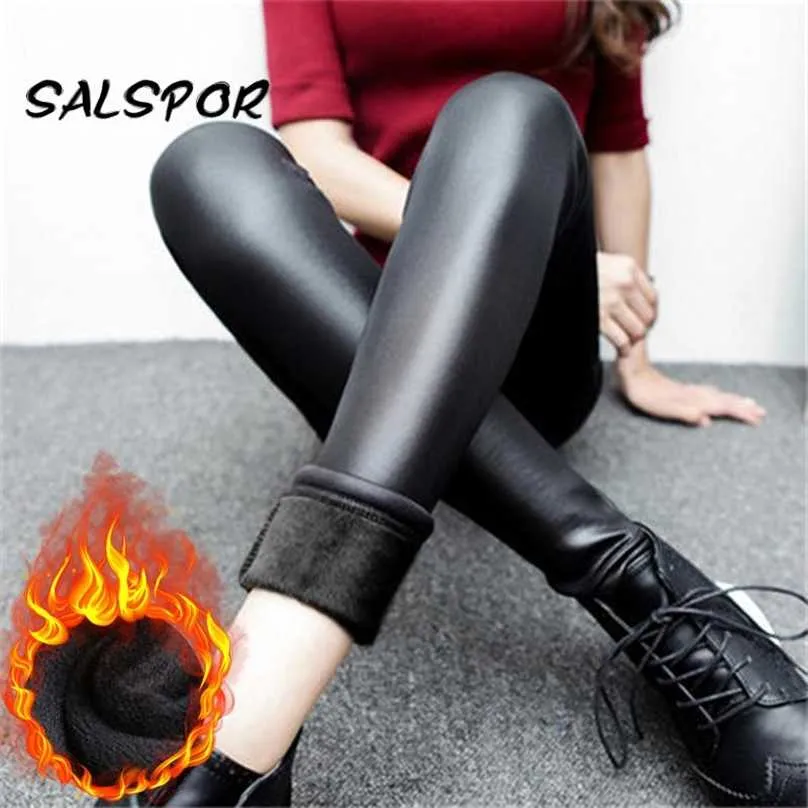 SALSPOR 2XL Winter Leather Leggings Women Sexy Hip Lifting PU Pants High Waist Warm Velvet Legging Elastic Black Slimming 211215