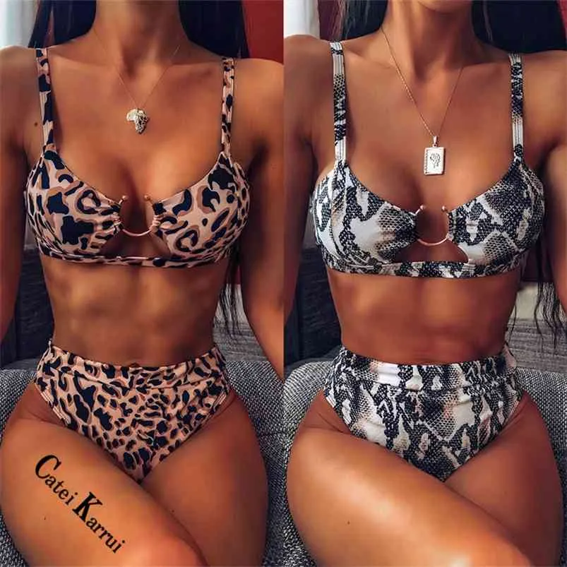 Catei Karrui Kvinnors Baddräkt Varumärke Design Leopardtryck Bikini Split Högkvalitativ Sexig Hög Midja Plus Storlek 210629