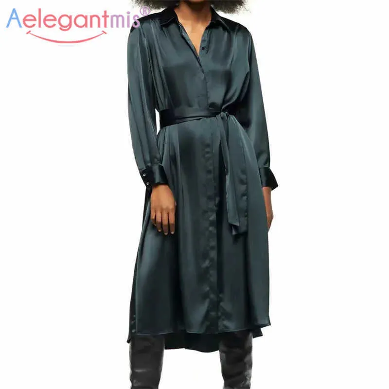 AELEGANTMIS SASHESグリーンシャツドレス女性ソフトコンフォートAラインハイウエストスリムエレガントロングドレスビンテージvestidos Femme 210607