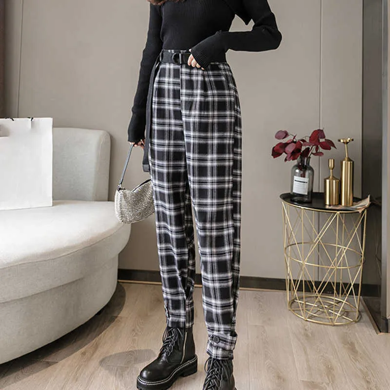 2021 Nowe Kobiety Lato Harajuku Plaid Vintage Spodnie Wysokiej Talia Harem Spodnie Moda Casual Streetwear Spodnie Letnie Spodnie Kobiet Q0801