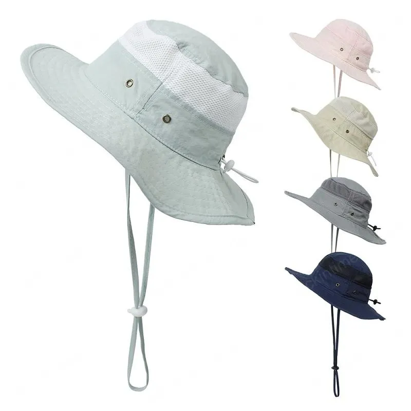 어린이 태양 모자 2021 6 색 메쉬 스티치 야외 어부 모자 소년과 소녀 태양 보호 모자 와이드 브림 모자
