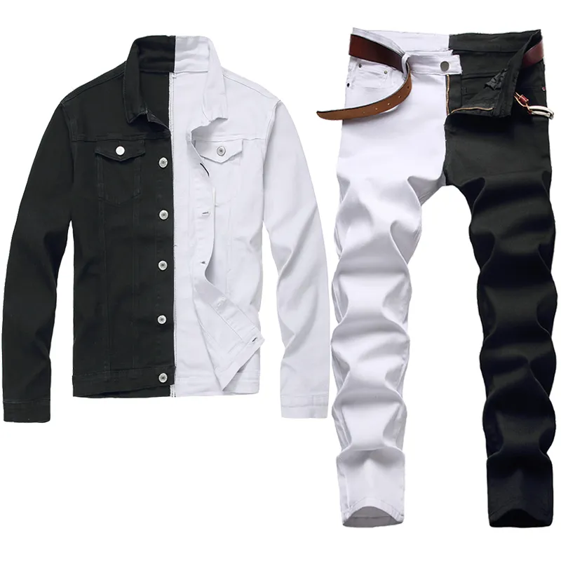 Mode nouveaux survêtements couture deux couleurs ensembles pour hommes automne veste en jean blanc et noir + jean extensible mince ensemble deux pièces Conjuntos de hombres