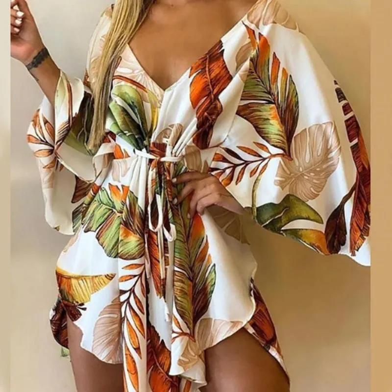 Abiti casual 2021 Estate Alla moda Hawaii Beach Mini abito con orlo asimmetrico Stampa tropicale Cravatta sexy sul davanti Scollo a V Abbigliamento da spiaggia da donna