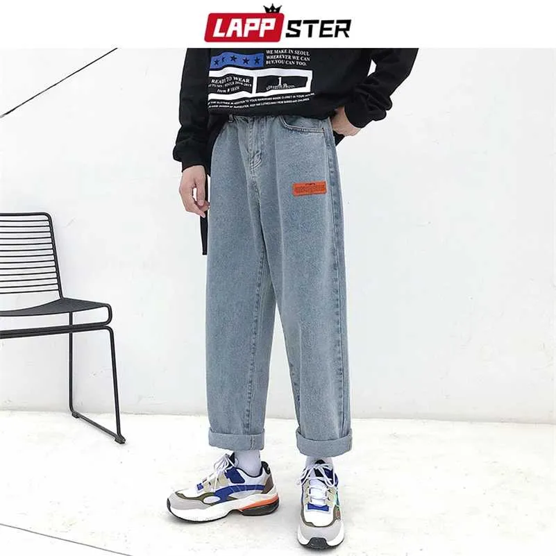 Lappster Mens Coreano Fasoins Harem Blue Jeans Calças Vintage Calças Straight Harajuku Calças de Jeans Baggy Baggy Belt Largura Denim 211120