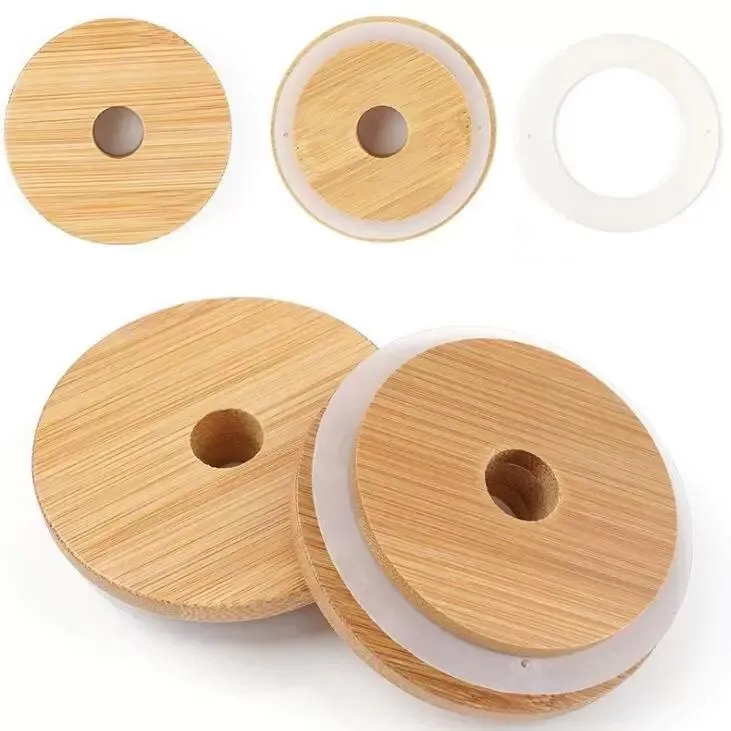 70mm/86mm Wide Mouth Reusable Bamboo Lids Mason Jar Canning Caps with Straw Hole Non Leakage Silicone Sealing Wooden Covers Drinking S