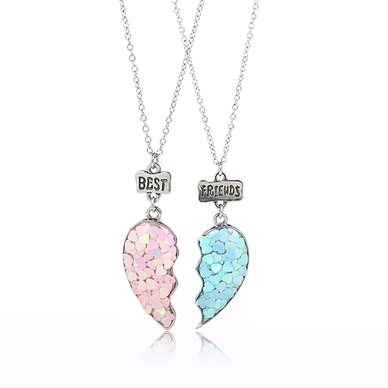 Sequin Stitching Heart Broken Friends Necklace Pendant Chain BFF Vriendschap Sieraden Geschenken voor kinderen 2 stks / set