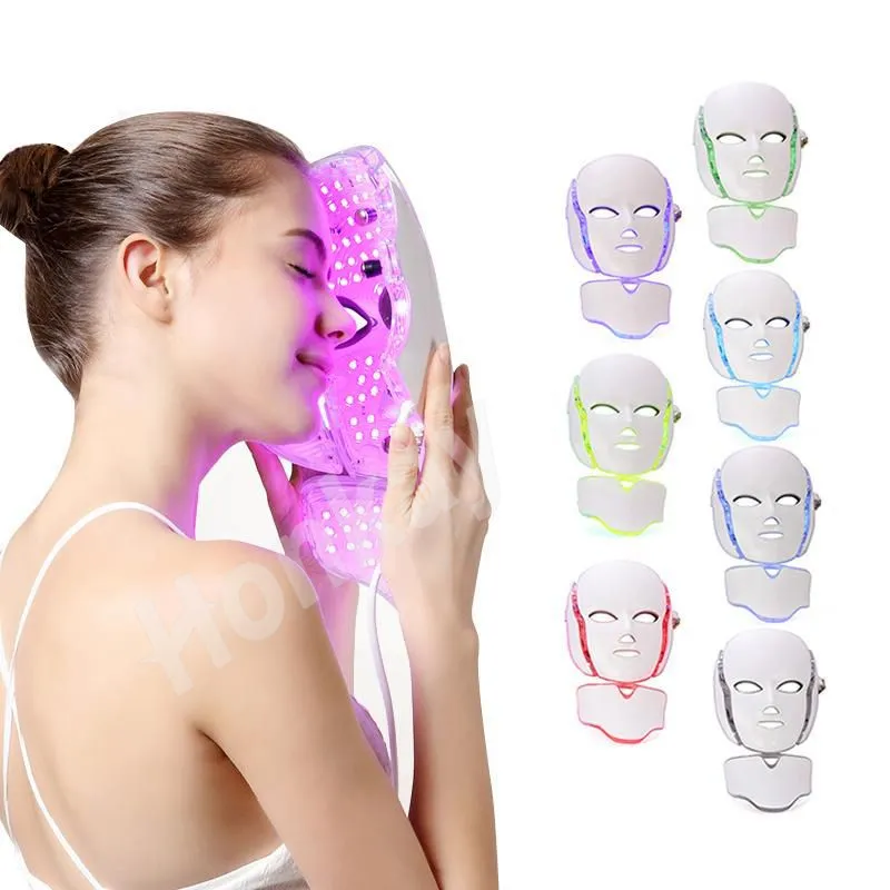 Gratis DHL verzending, 7 kleur led licht therapie gezicht schoonheid machine LED gezicht hals masker met microcurrent voor huid whitening apparaat