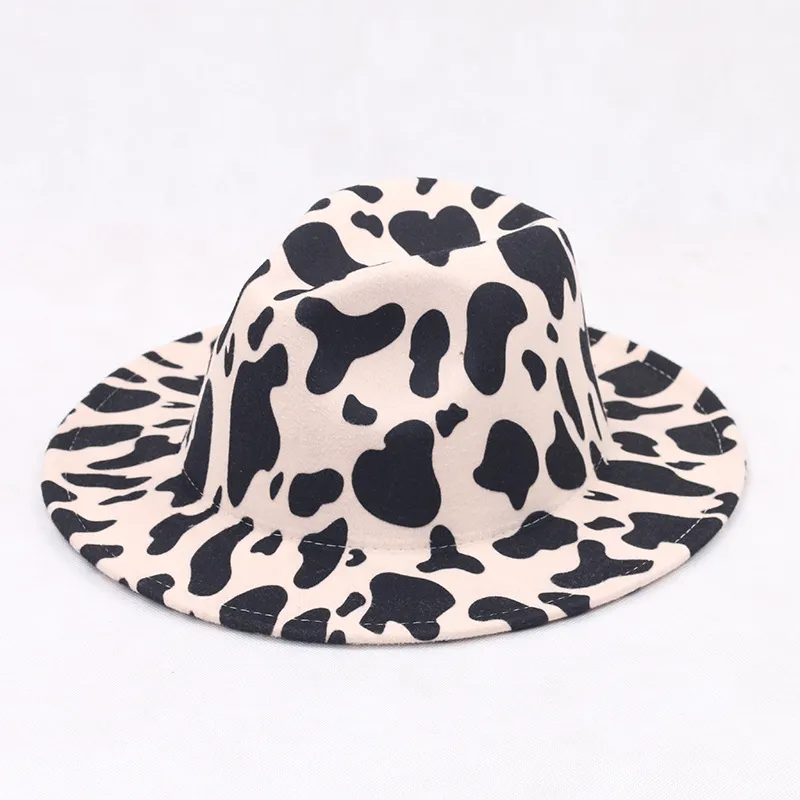 Cow Print Wide Brim Fedora Hat Black White, Men Women, Party