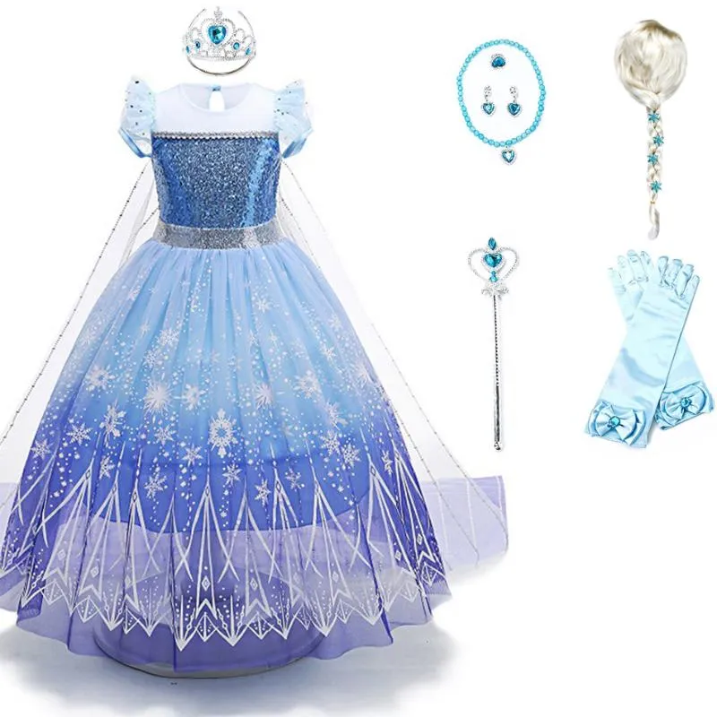 Tjejklänningar Liten Flicka Klänning Cosplay Blå Lila Snöflinga Prinsessor Kläder Födelsedagsfest Kostym Halloween Kids Gifts Tillbehör