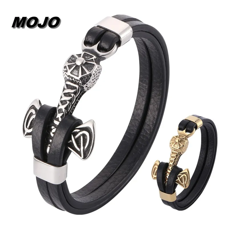 Men Steampunk Style Gold and Silver Plated Stainless Steel Anchor Charm Bracelet Black Leather Bracelets for Promotion