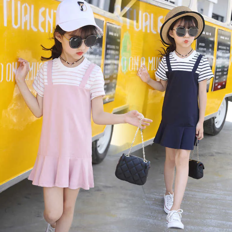 Girls' dresses summer fashion new youth striped suspenders short-sleeved princess dress children clothes girls dress wholesale Q0716