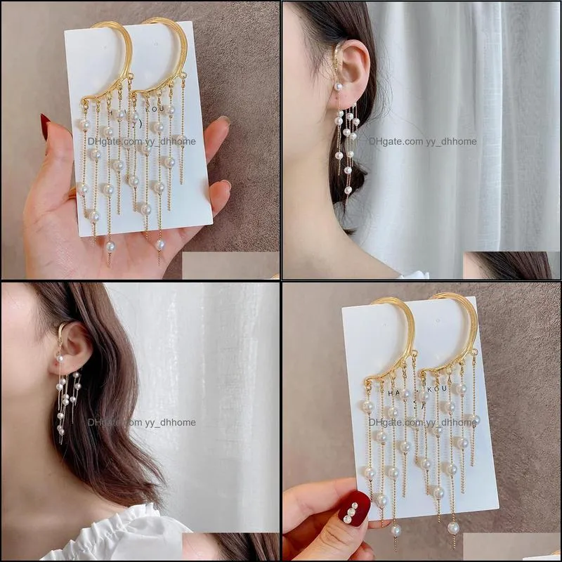 Clip-on & Screw Back Design Water Drop Pearls Tassel Clip Earrings For Women Charm Jewelry Temperament Accessories Wedding Party Ins