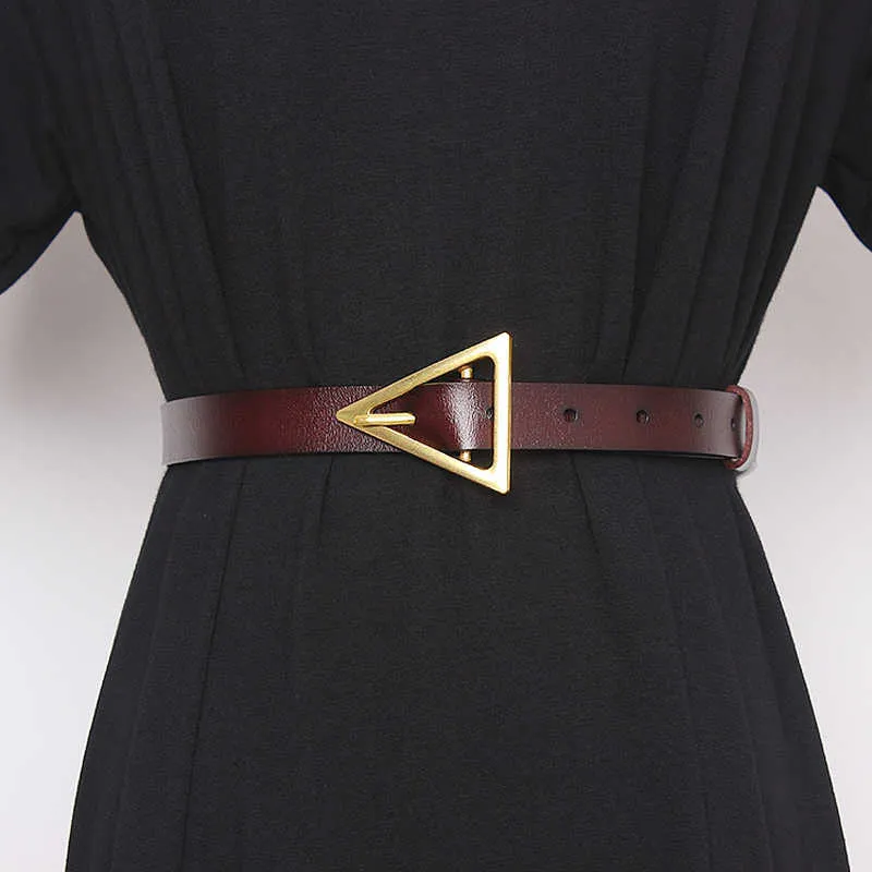 Nouveau Vintage en cuir véritable vache Triangle boucle ardillon femme ceinture longue ceinture pour femmes Corset Cummerbunds vêtements sangles ceinture Q0624