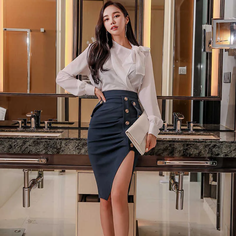 Fashion Skirts Suits for Women Office Work 2 Piece Set Bow Lace-Up Blouse Top+Split Draped High Waist Button Pencil Skirt 210529