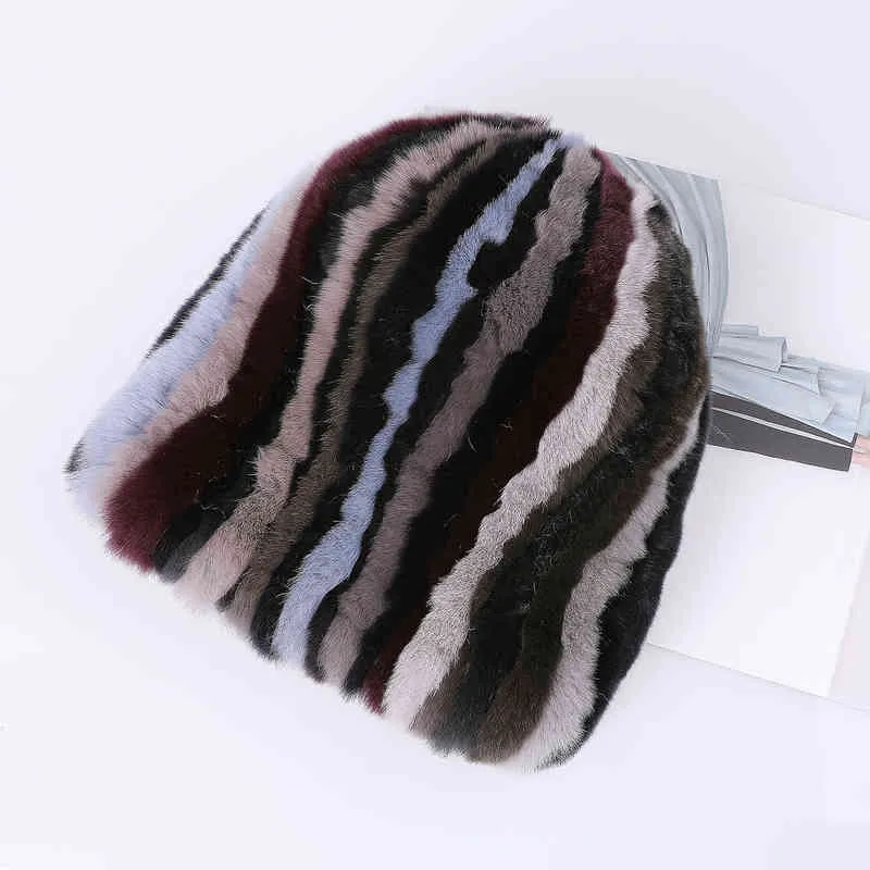 Women's High Quality Real Rex Rabbit Fur Striped Beanie Hats Girls Winter Fashion Warm Caps Multicolor