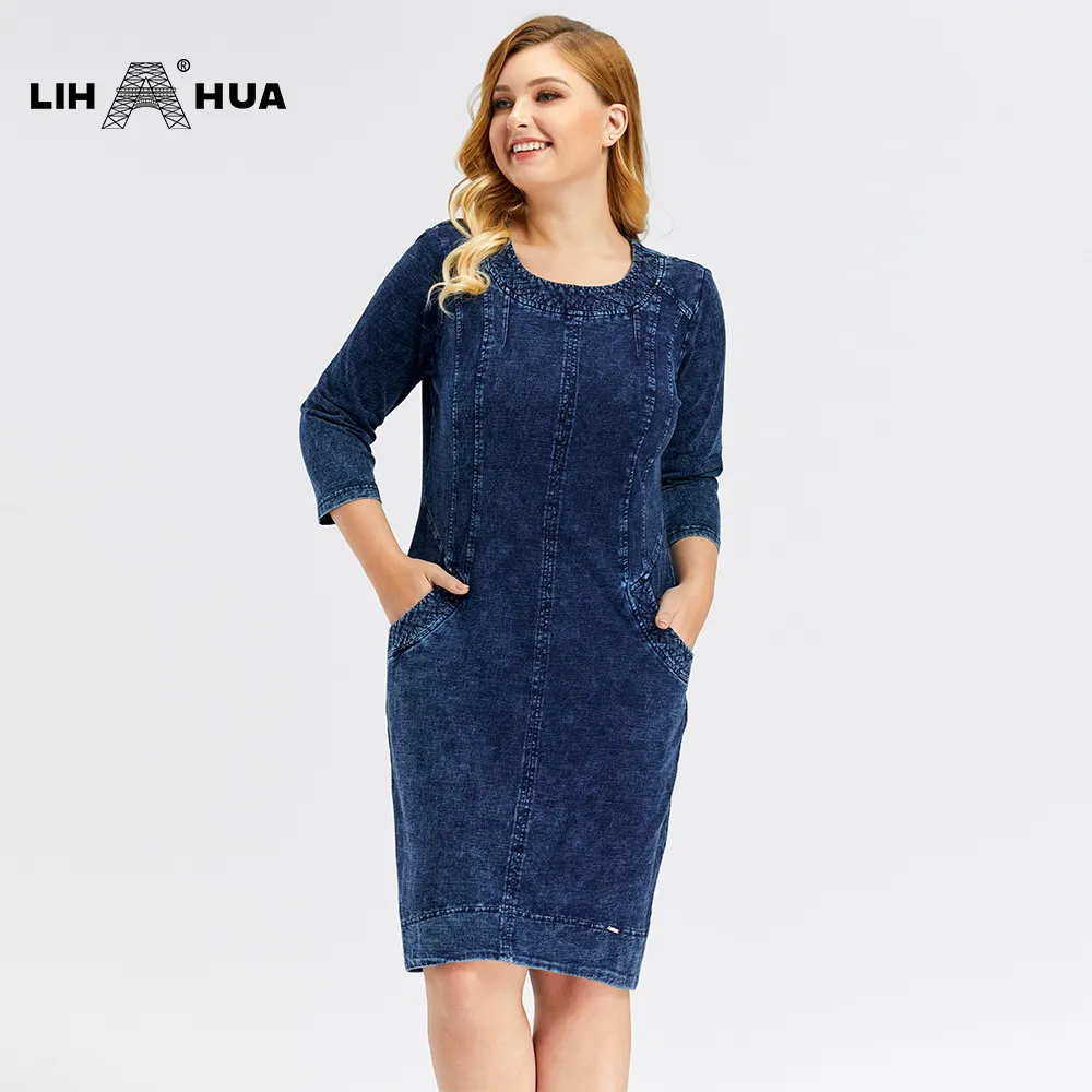 LIH HUA Femmes Plus Taille Denim Robe Haute flexibilité Slim Fit Robe Casual Robe Épaulettes pour vêtements 210309