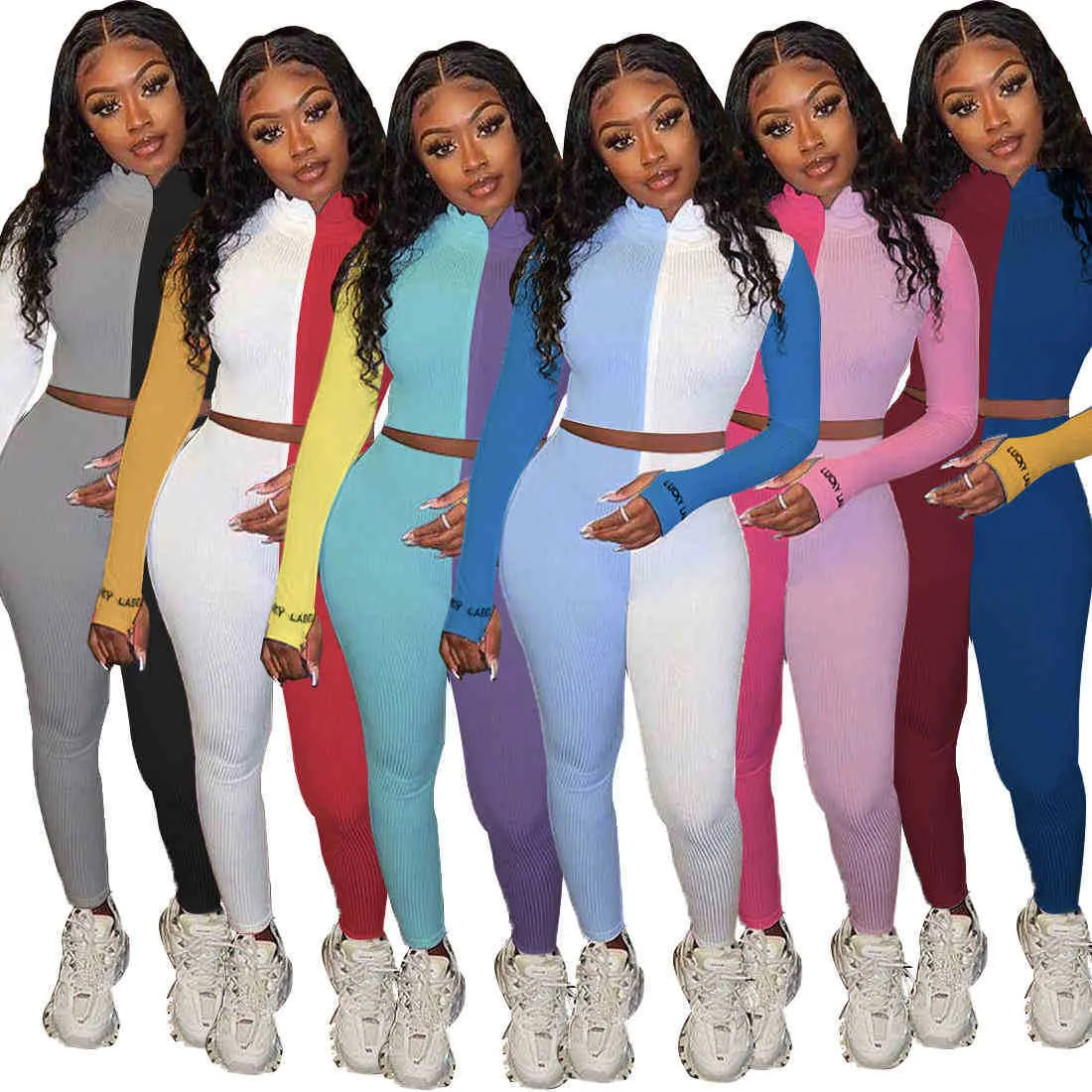 Women Two Piece Pants Outfits Fashion Multi Color Stitching Embroidery Finger Long Sleeve Zipper Coat Long Pants Jogging Suits