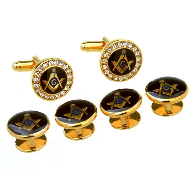 Gold Crystal mason Tuxedo Cufflinks Collar Studs 6pcs Masonic Mason Cuff Links Stud Set Men's Jewelry
