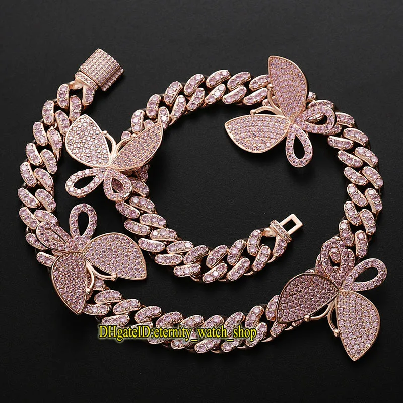 Eternity New Hip Hop CZ Diamonds Inlaid Pink Butterfly Cuban Chain Men's Necklace 13mm Clavicle Chain Iced Out Diamond Necklace for Women