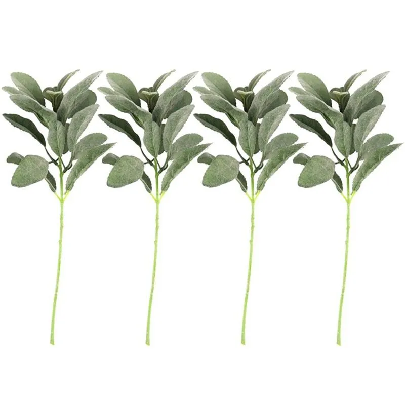 Decorative Flowers & Wreaths 14Pcs Artificial Flocked Greenery Leaves Short Stems,Faux Lambs Ear Urn Filler Plants For Home Wedding