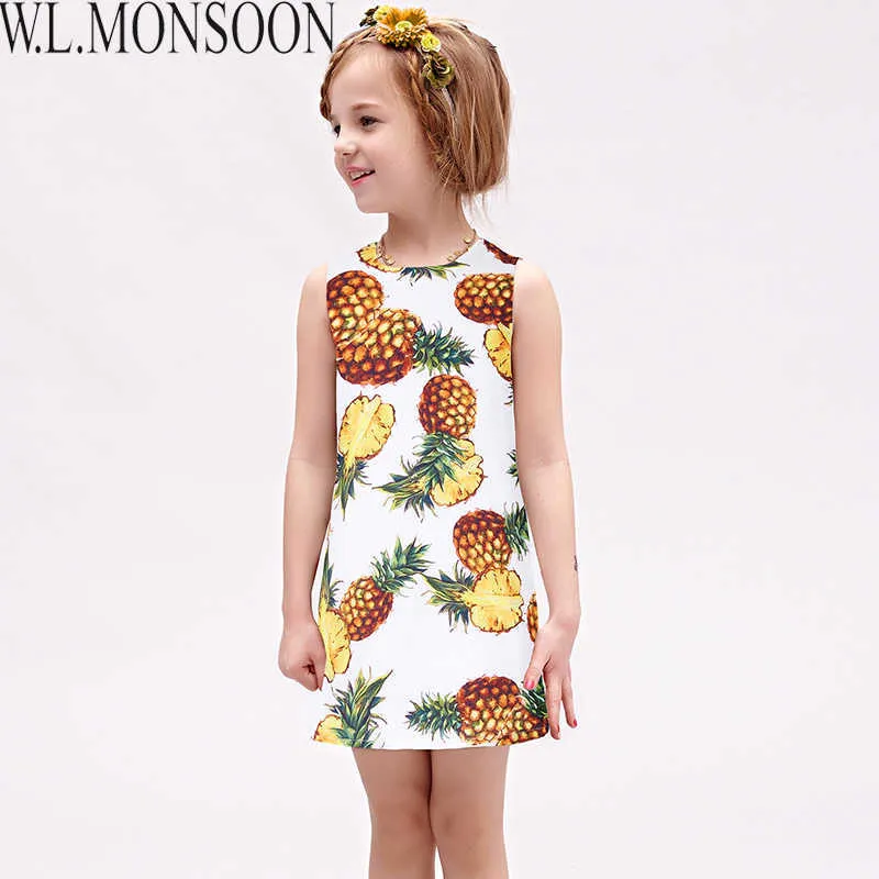 W.L.Monsoon Kızlar Yaz Elbiseler ile Ananas Baskı 2021 Marka Toddler Elbise Çocuk Prenses Kostüm Robe Fille Çocuk Giysileri Q0716