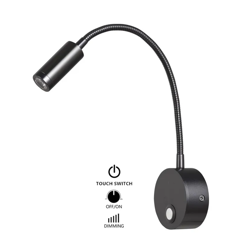 Tokili Wandleuchte mit flexiblem Arm, LED-Lampe, 3 W, fest verdrahtet, Touch-Dimmer, Leselampen, Oberflächenmontage, verstellbarer Schwanenhals, schmaler Strahl, eingebauter Treiber