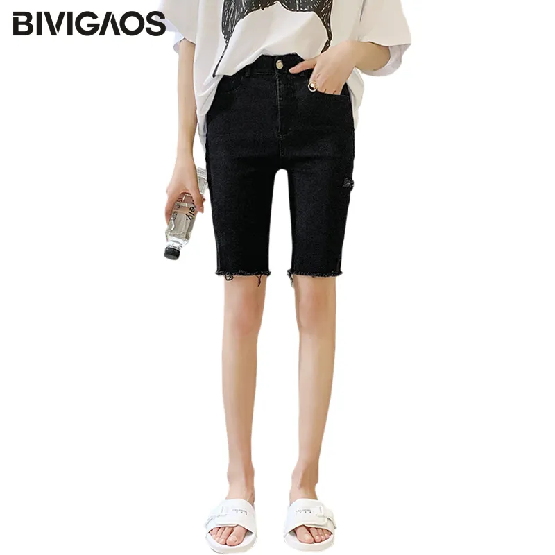 Bivigaos Mulheres Verão Preto Estiramento Calça Biker Casual Slim Fino Skinny Rasgado Joelho Buraco Curto Denim Shorts