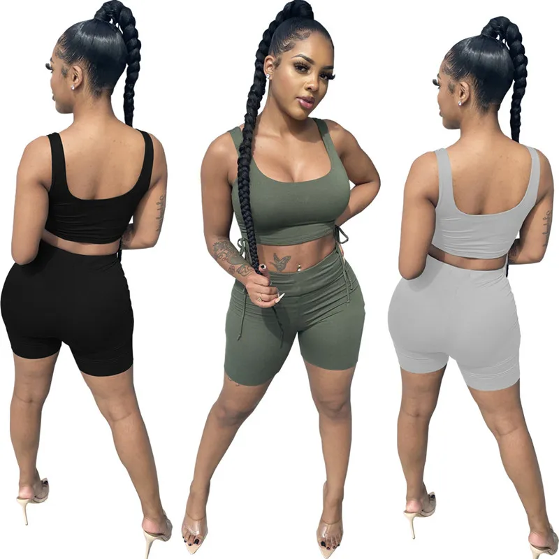 Été femmes débardeur crop top + short deux pièces ensemble jogger costume plus taille 2XL tenues gris survêtements casual noir sportswear 4592