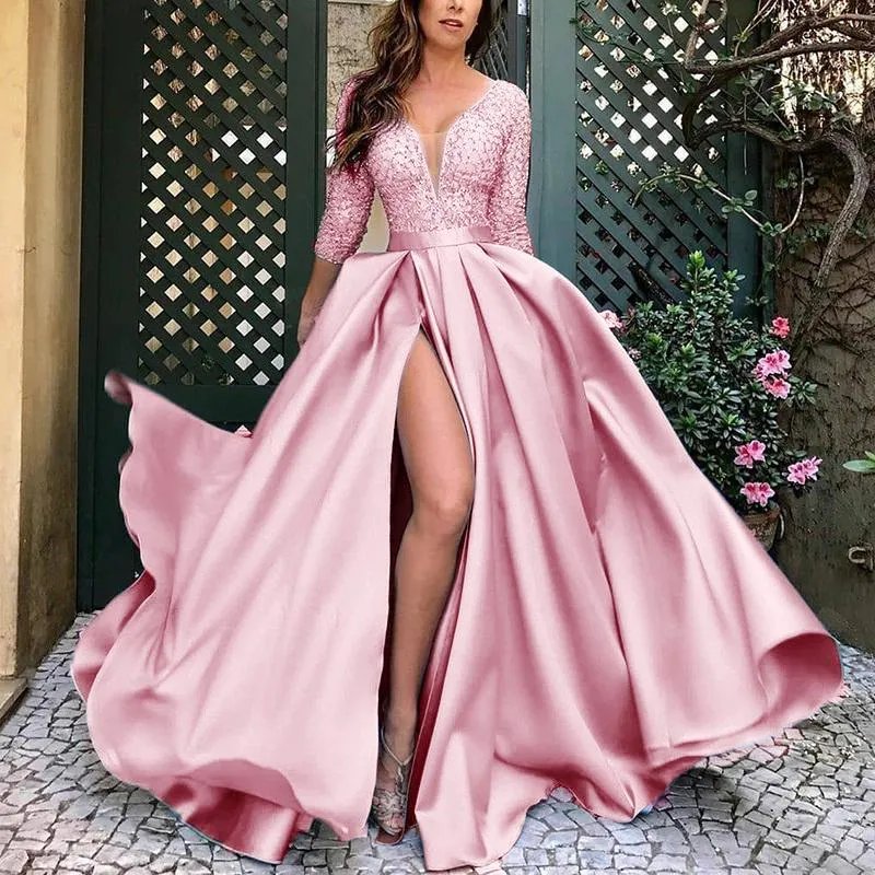 Günlük Elbiseler Yüksek Kalite 2021 Kadın Abiye Düğün Seksi V Yaka Uzun Dantel Sonrası Parti Artı Boyutu Kadın Vestidos