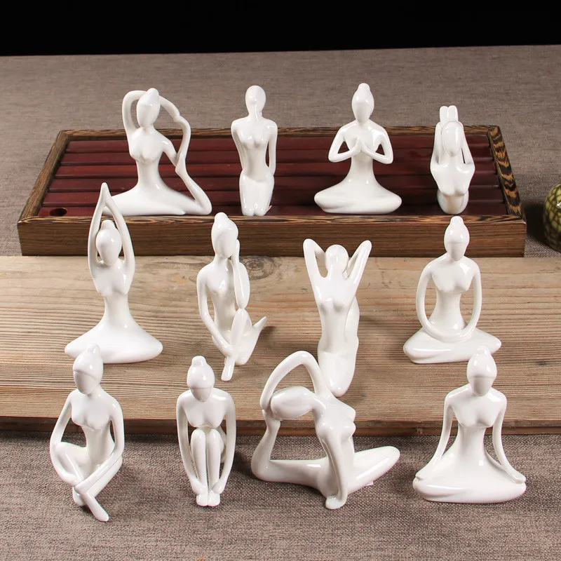 Cerâmica abstrato arte diferente yoga poses estatueta branco porcelana minimalista criativo yoga menina estátua decoração de casa ornamentos