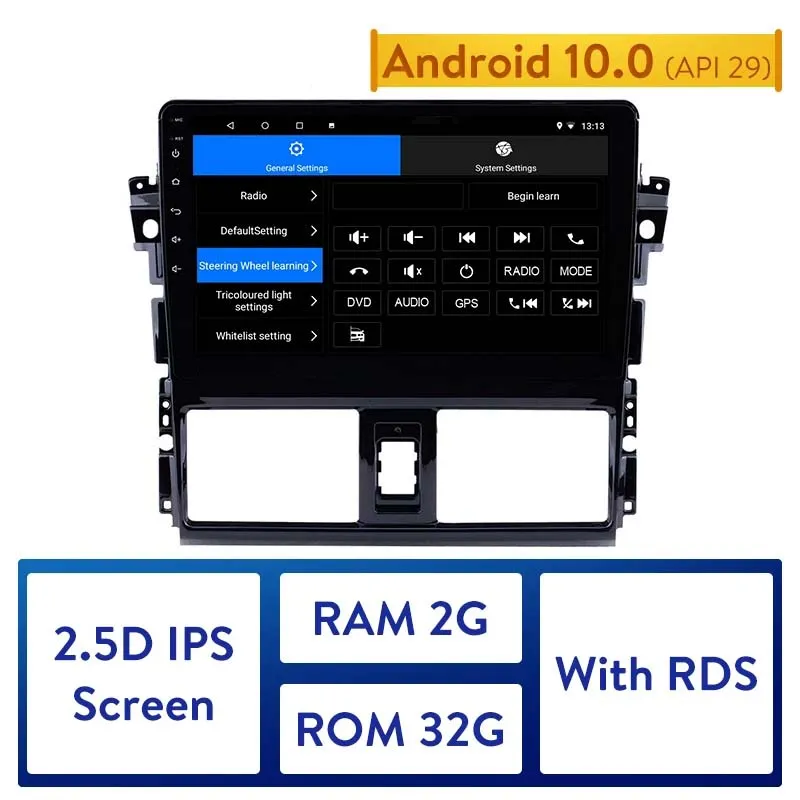 2din Android 10.0 lecteur dvd de voiture Bluetooth WIFI GPS Navigation pour 2013-2014 Toyota Vios 1024*600 Radio FM à écran tactile