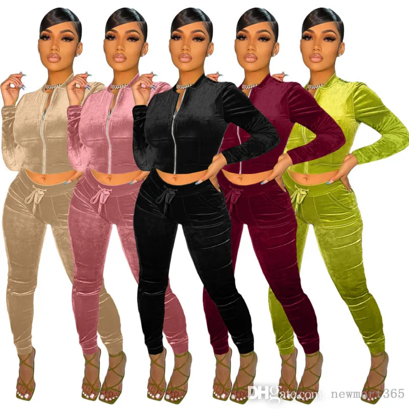 Kvinnor Velvet Sweatsit Tracksuits Two Piece Set Designer Coat Byxor Velour Famure Pocket Zipper Jacka Leggings Outfits Casual Sports Suit 5 färger