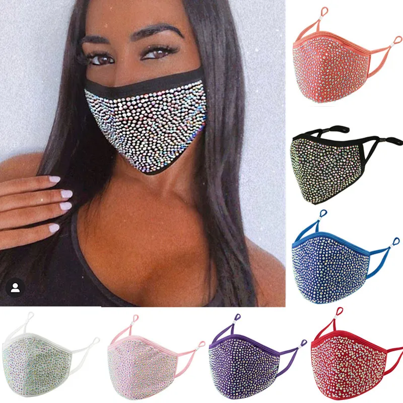 10 cores moda dustproof máscara de rosto bling diamante protetora pm2.5 boca lavável mulheres reutilizáveis ​​strass forma 3d adulto máscaras de pano com fio nariz