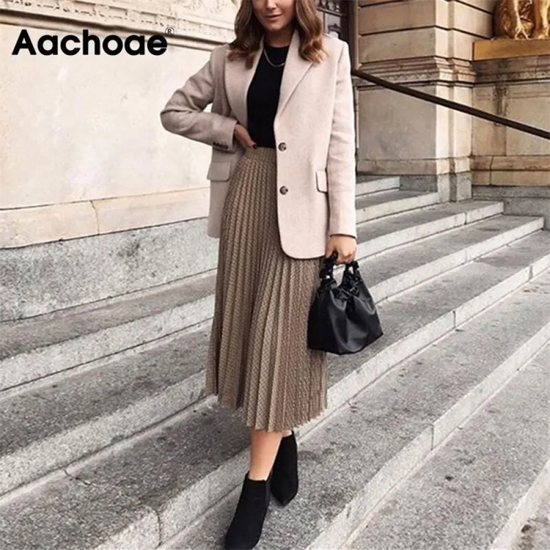 Aachoee ocasional solta xadrez midi saia mulher elegante escritório desgaste plissado saia alta cintura houndstooth saias senhora mujer faldas 210315