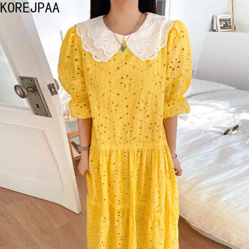 Korejpaa Kobiety Dress Summer Koreański Chic Girl Western Style Redukcja Wieku Kołnierz Dollowy Hollow Koronkowy Rękaw Puffowy Wzburzyć Vestidos 210526