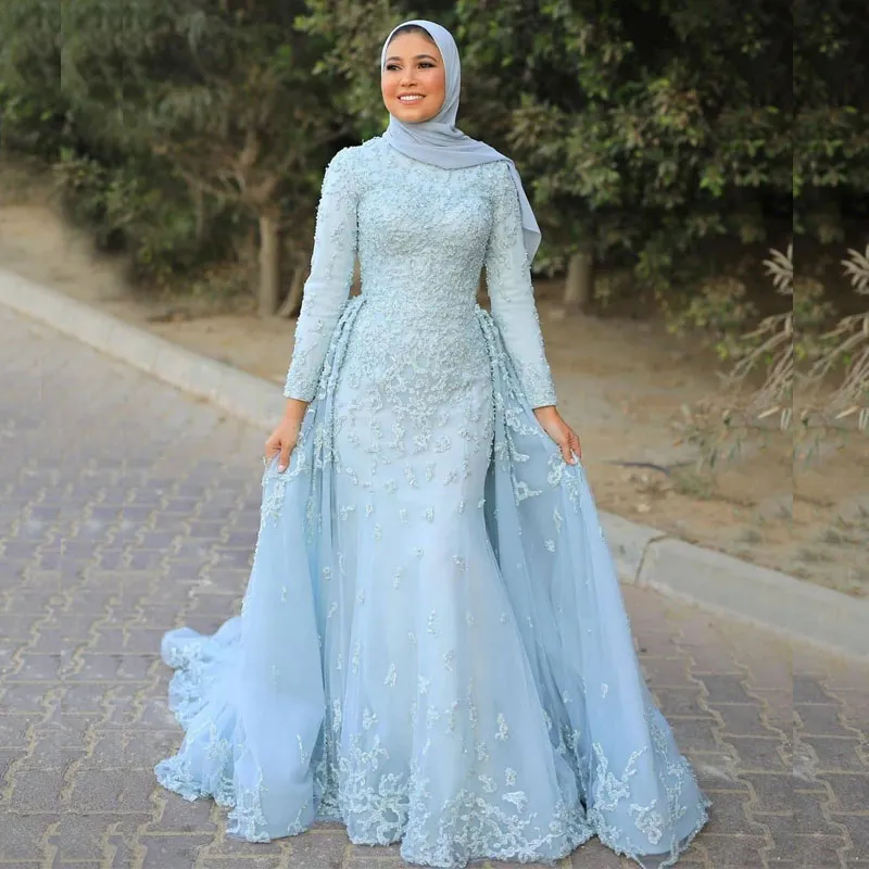 Açık gök mavisi Müslüman boncuklu dantel gece elbise yüksek boyun aplike uzun kollu deniz kızı balo elbisesi ile ayrılabilir tren resmi elbise 415